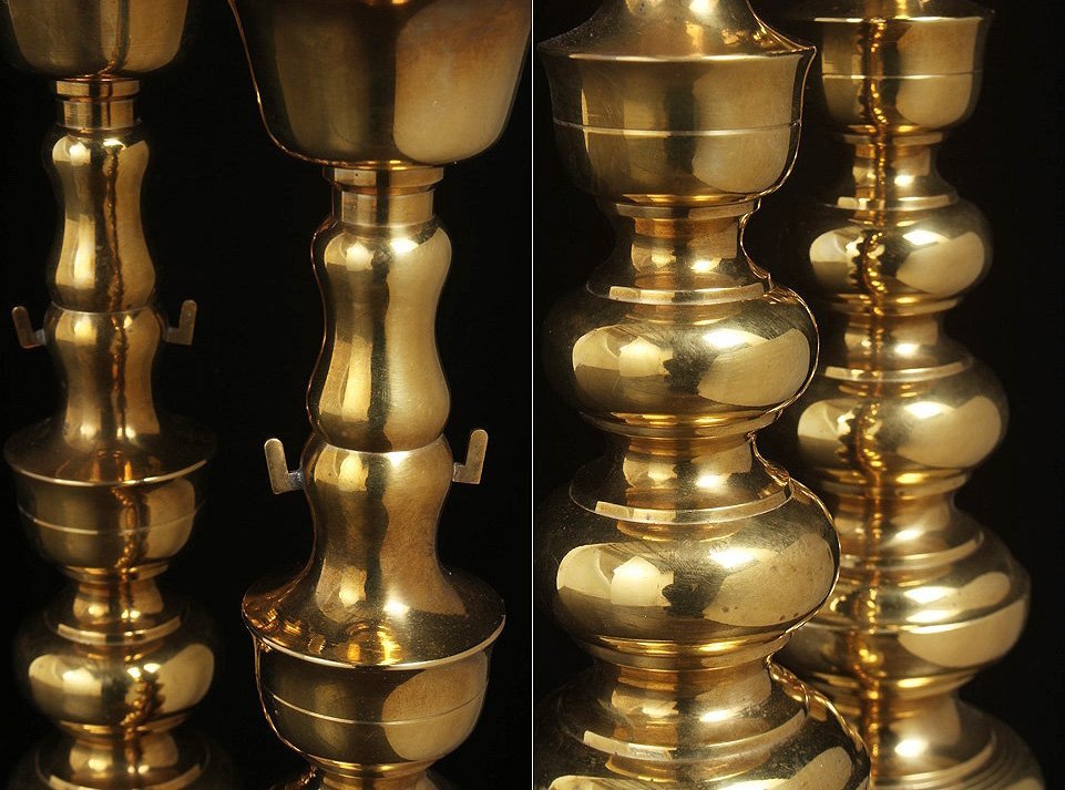 AZ470 【丸和 銘】真鍮製 本金鍍金 大燭台 一対 高56.5cm 重2.2kg・真鍮燭台・蝋燭立・蝋立 仏教美術