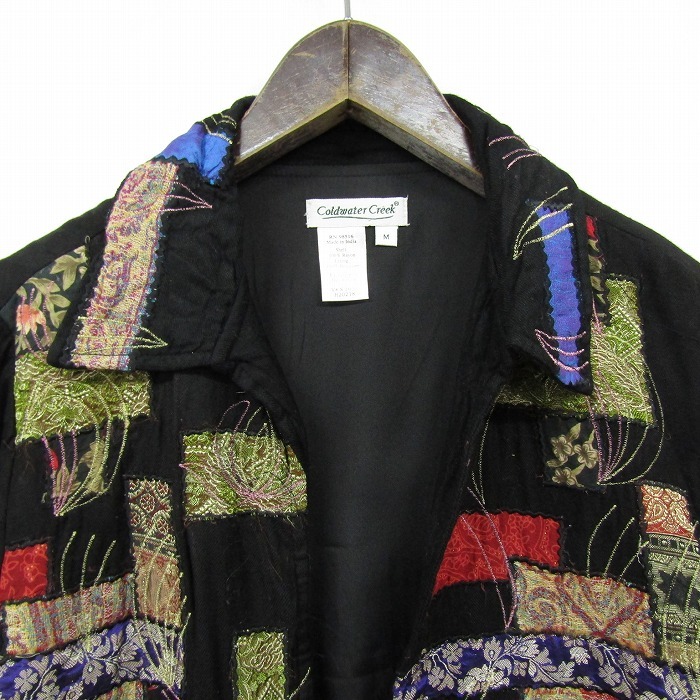 レーヨン サイズ M Coldwater Cleek 刺繍 パッチワーク 風 デザイン ジャケット 羽織 ブラック系 レディース 古着 ビンテージ 2N2075の画像4