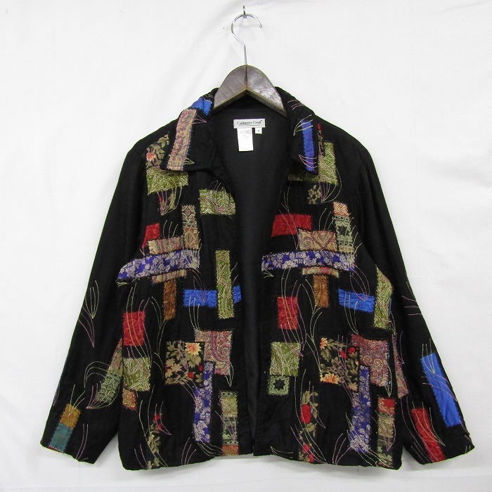 レーヨン サイズ M Coldwater Cleek 刺繍 パッチワーク 風 デザイン ジャケット 羽織 ブラック系 レディース 古着 ビンテージ 2N2075の画像1