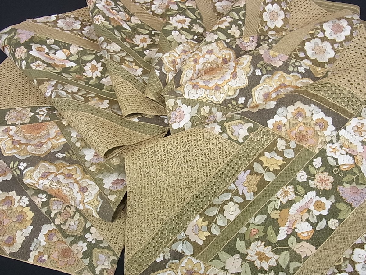 汕頭刺繍 スワトウ 相良刺繍 花鳥の図 錆納戸色 多色 金 袋帯 A776