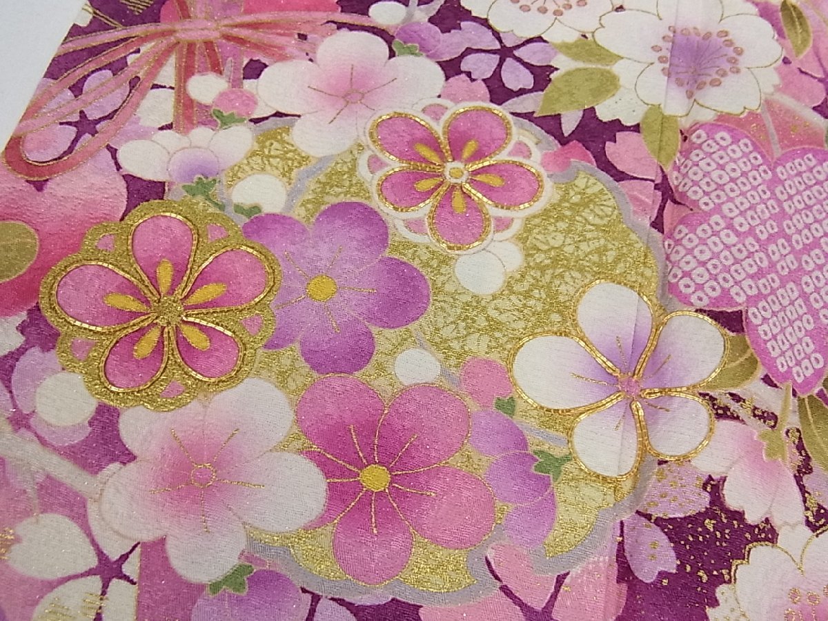 薄紫のぼかしに菊や牡丹の花が描かれた名古屋帯 金駒刺繍 着物 【返品