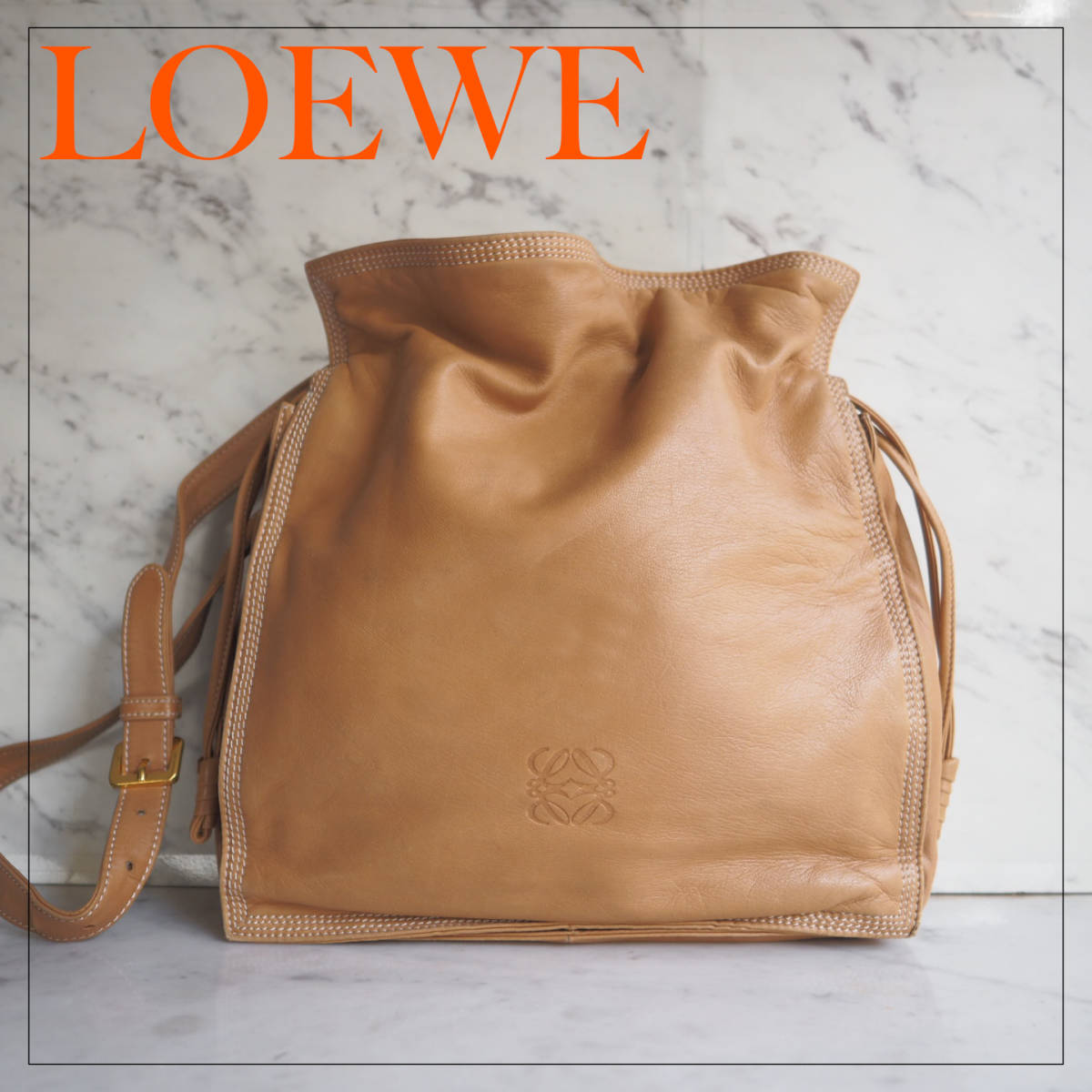 オールドロエベ LOEWE フラメンコ 巾着型 ショルダーバッグ ベージュ