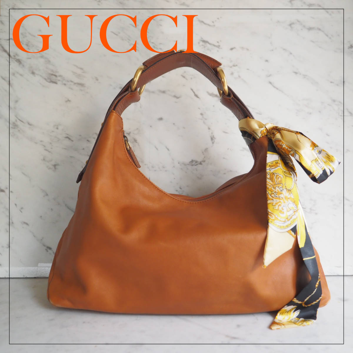 美品★ グッチ GUCCI ホースビット ワンショルダーバッグ ツイリースカーフ付き レザー ハンドバッグ トートバッグ ブラウン キャメル