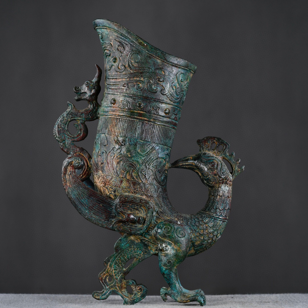 【仁】『漢・青銅器彫・鳳杯』極細工 古賞物 中国古玩 古美術