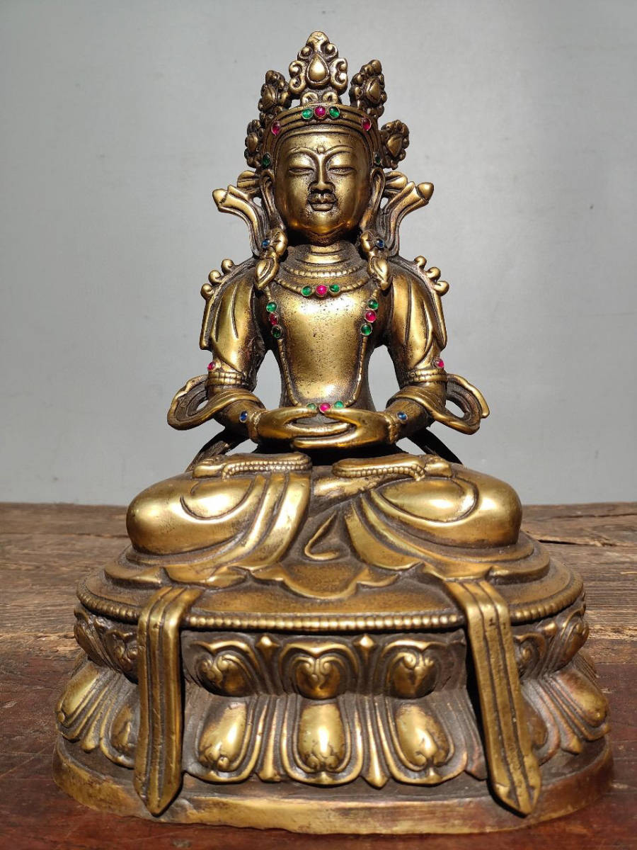 30%OFF】 【仁】『清・仏教古美術・古黄銅彫・寶石嵌・無量寿像』極細 ...