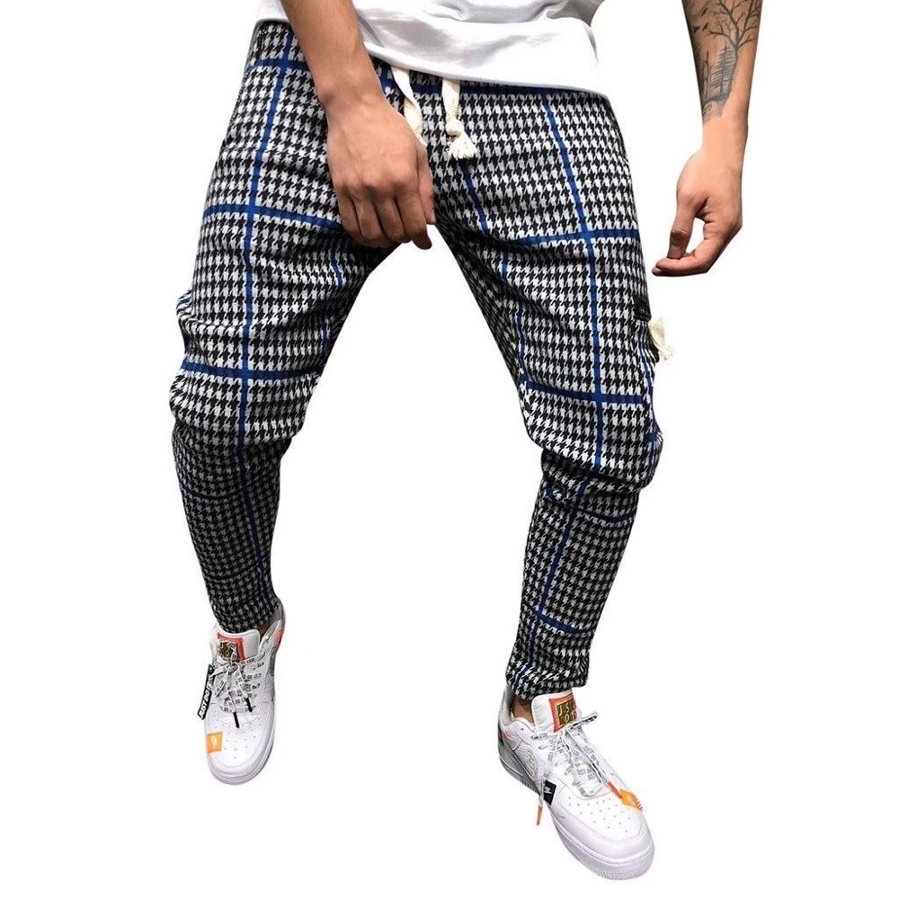 テーパードパンツ チェック 千鳥柄 ジョガーパンツ ストレッチ ボトムス 青 M|PayPayフリマ