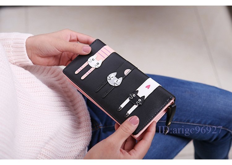 Y621☆新品大容量 レディース 長財布 クラッチバッグ 二つ折り カードがたくさん入る クラッチバッグ 可愛い 猫 PUレザー ブラック_画像6