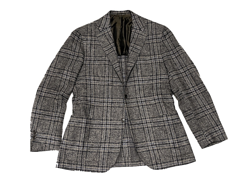 絶妙な生地感 Kiton カシミアリネン4種混紡 チェックジャケット ブレザー グレー 48