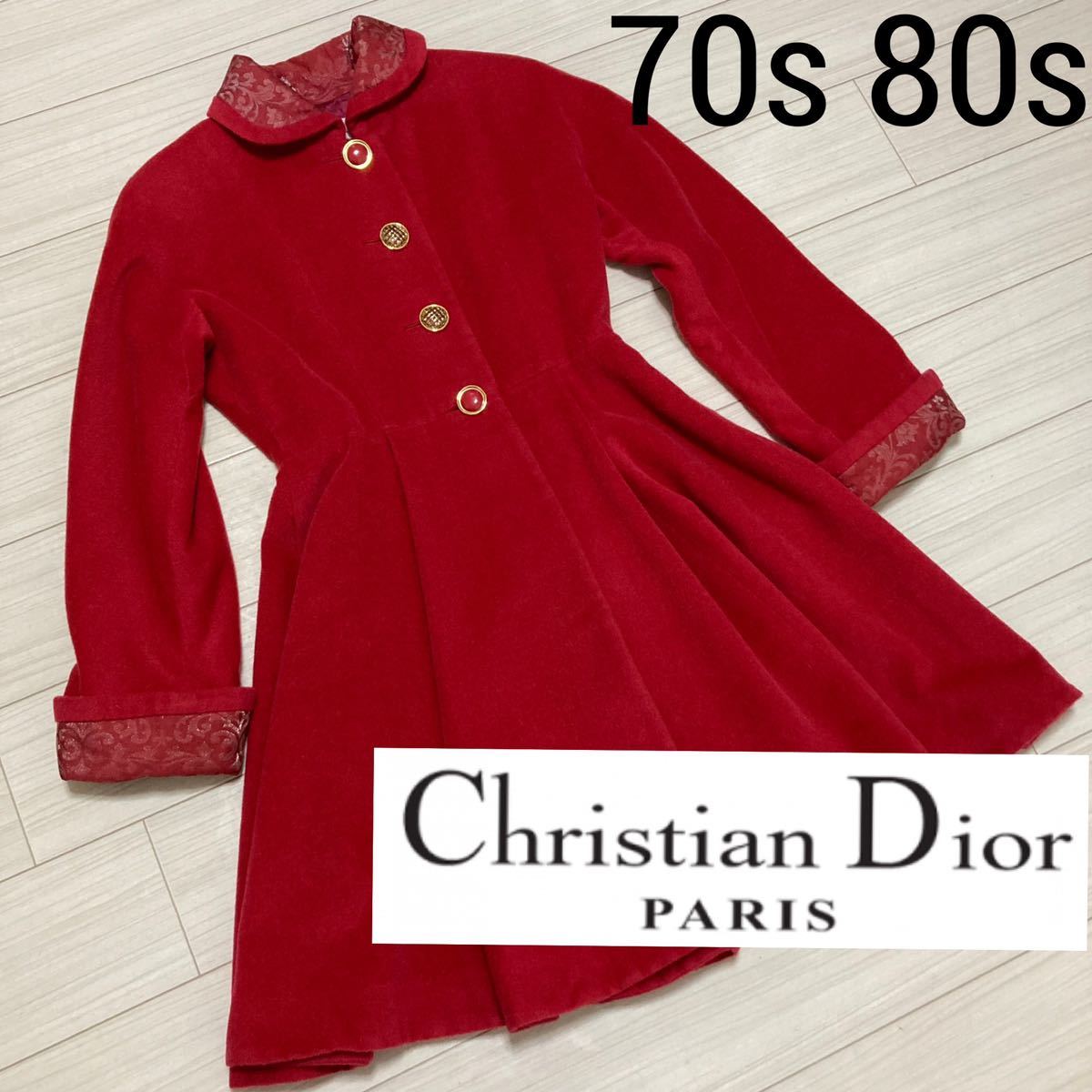 70s 80s Vintage■クリスチャン ディオール■フレアーオーバーコート 9 M 赤 レッド アンゴラ シルク Christian Dior  昭和レトロ オールド