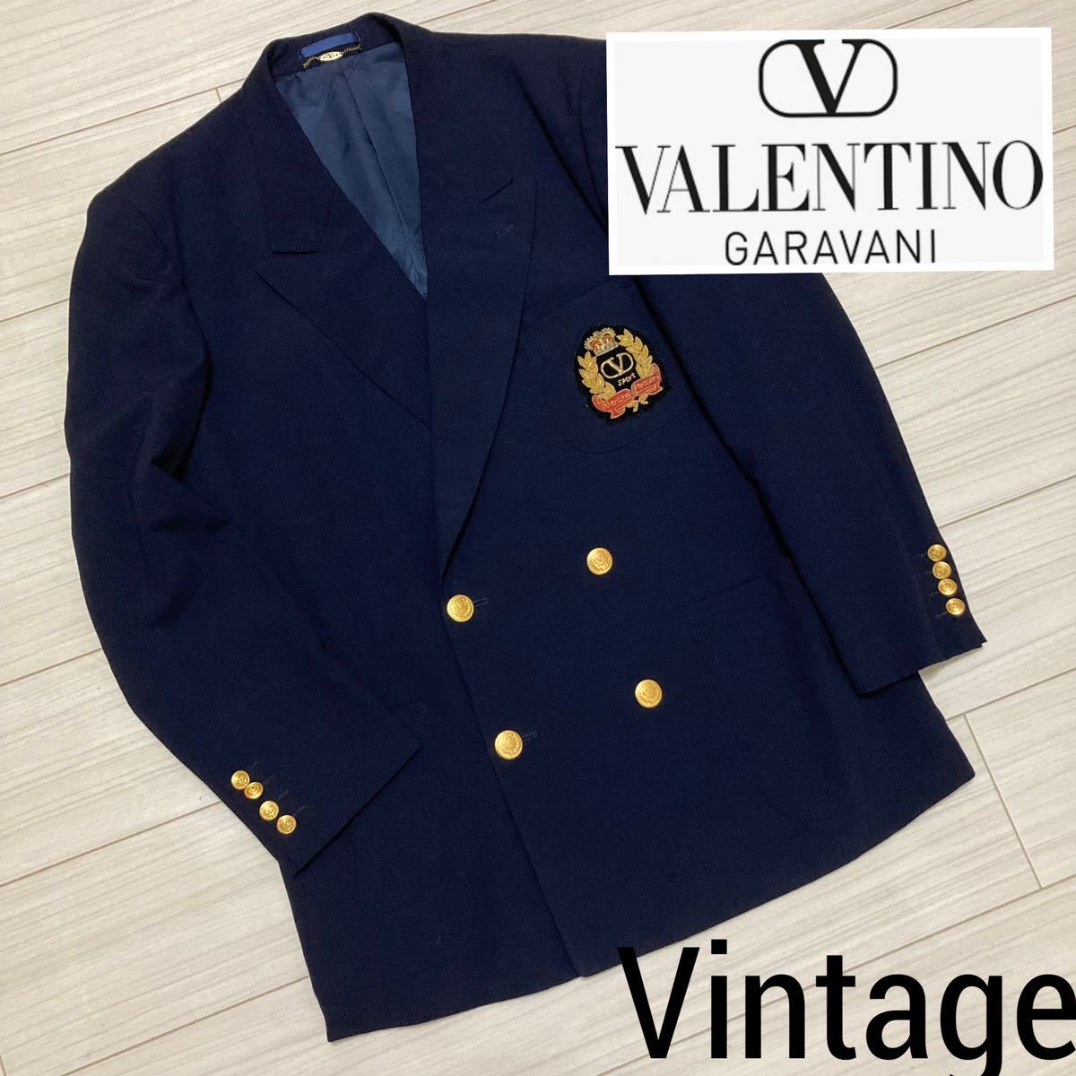 Vintage■ヴァレンティノ ガラバーニ■ダブルジャケット 紺ブレ 金ボタン 48 L ネイビー エンブレム VALENTINO GARAVANI  オールド ブレザー