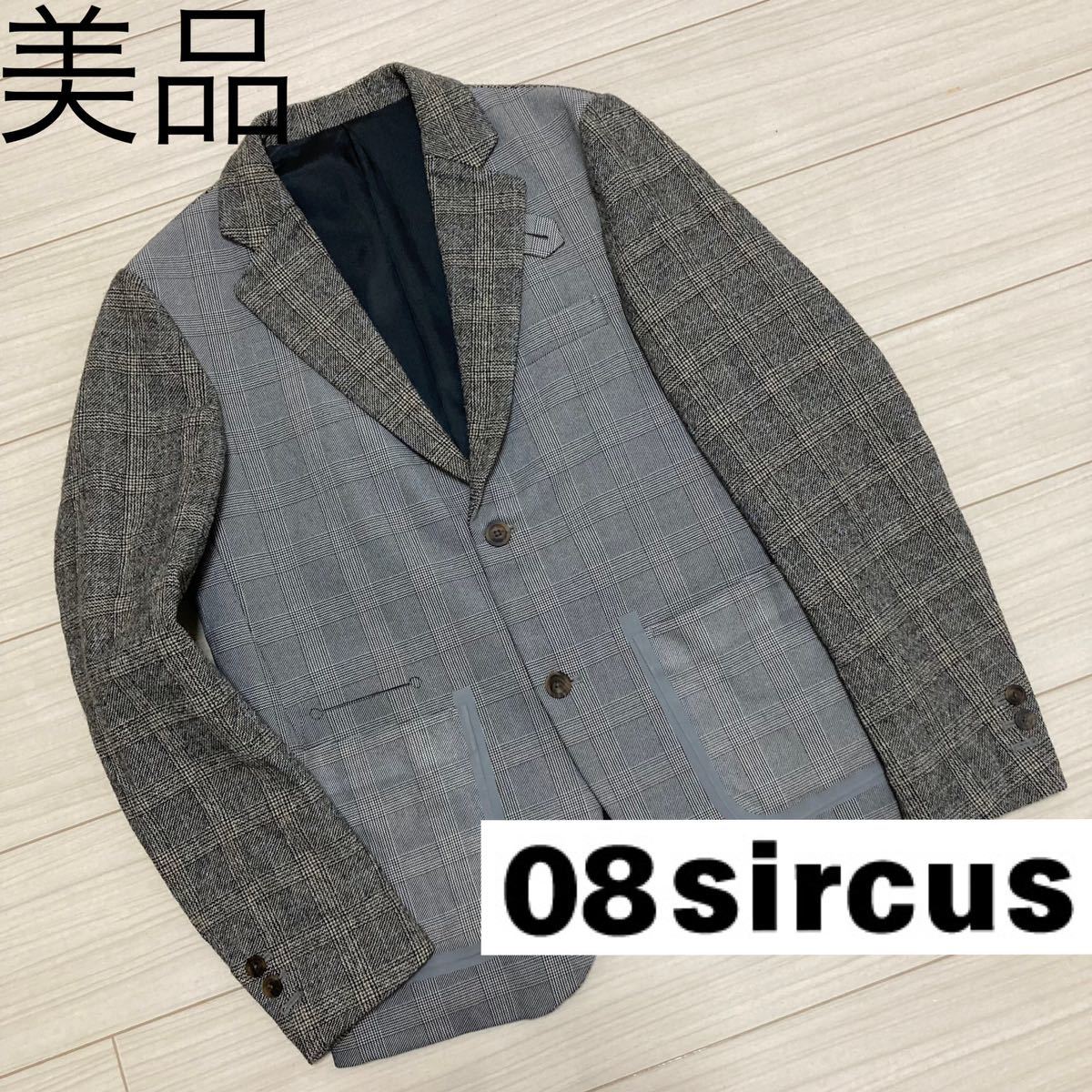 美品■08sircus■ミックス クレイジー グレンチェック ジャケット 46 M ライトグレー 切替 ゼロエイトサーカス 定価90200円 テーラード_画像1