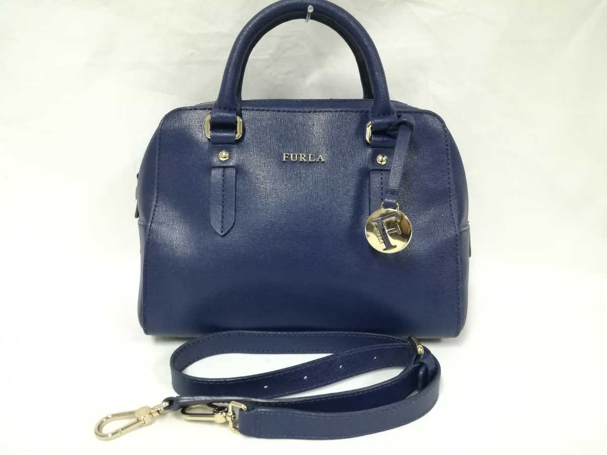 驚きの安さ レザー 2way ハンドバッグ フルラ FURLA 美品 ネイビー