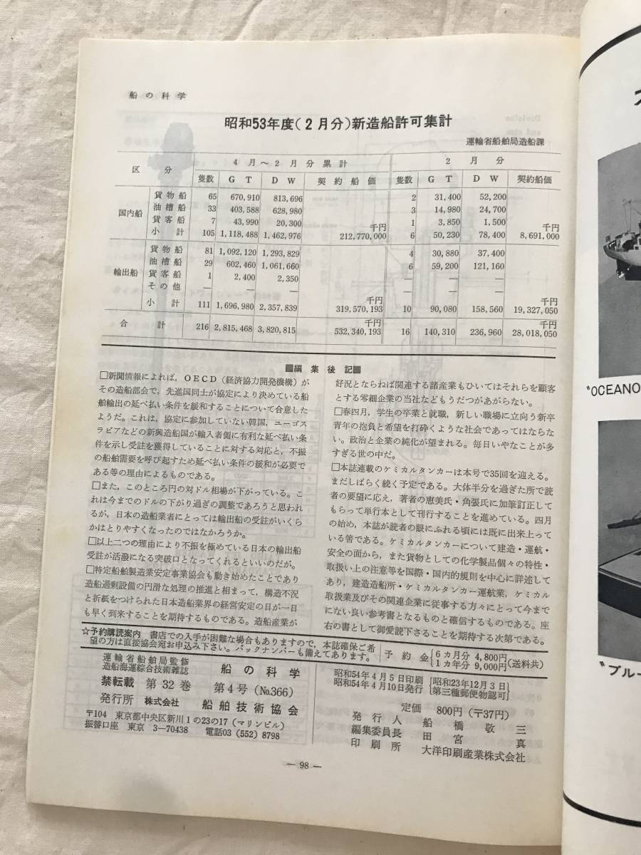 2200/ boat. science 1979 Showa era 54 year 4 Vol.32.... ship oriented refrigeration cargo boat FUJI REEFER
