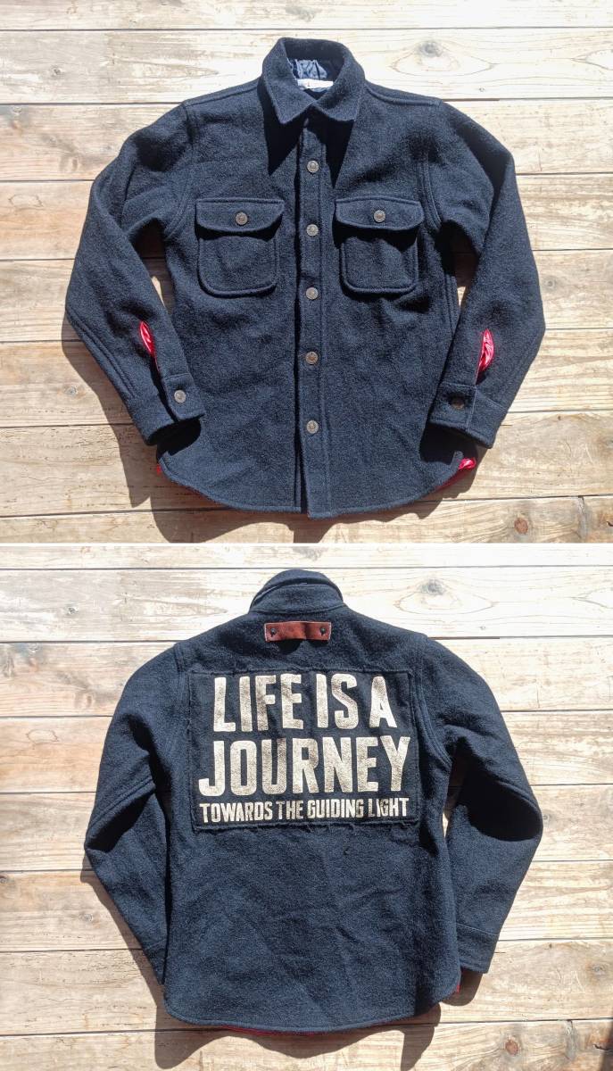 送料無料♪ハリウッドランチマーケット メルトンウールジャケットシャツ S ブラック LIFE IS A JOURNEY 美品 キムタク CPOシャツ