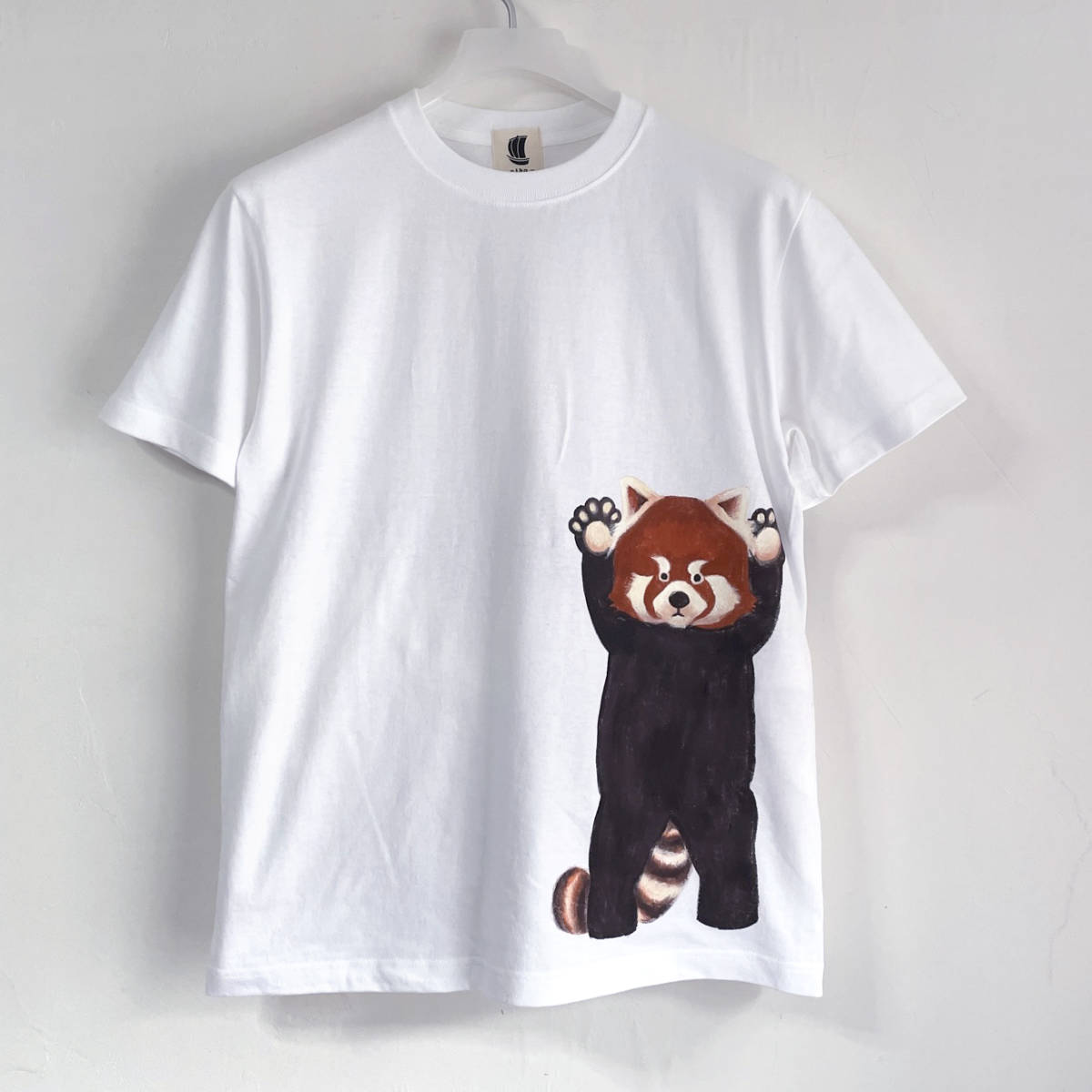 メンズ Tシャツ XXLサイズ 白 レッサーパン柄Tシャツ ホワイト ハンドメイド 手描きTシャツ 動物