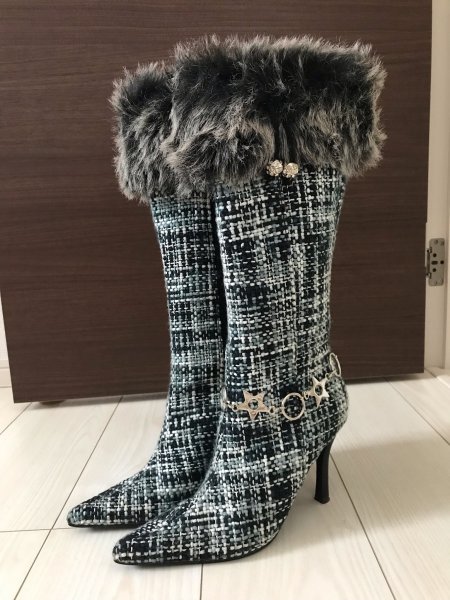 * No-brand * accessory attaching tweed long boots / gray /M