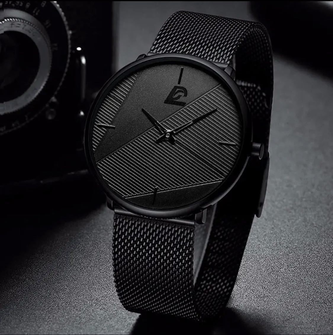 腕時計 男性 超薄型 ステンレス鋼 ステンレスベルト クォーツ腕時計 ブラック_画像1