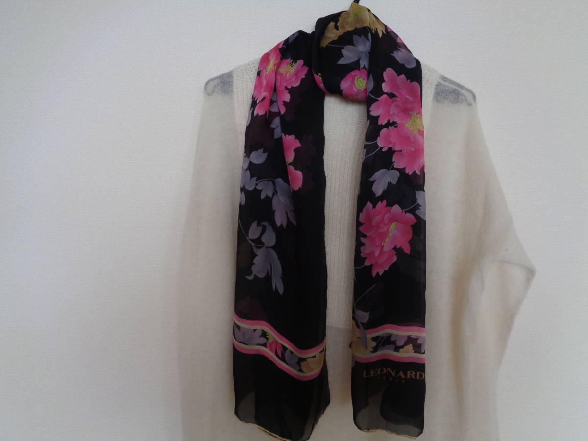 美品 LEONARD PARIS レオナール ロングストール スカーフ シルク100