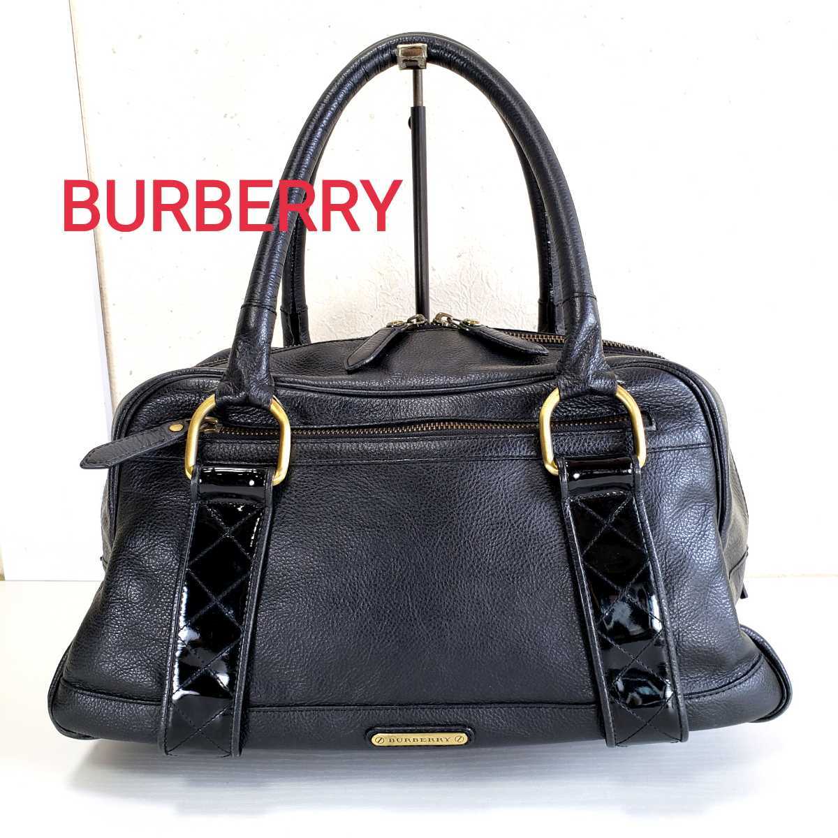 美品◆BURBERRY バーバリー 牛革レザー ハンドバッグ/ボストンバッグ/裏地ノバチェック(黒/ブラック/BLK)_画像1