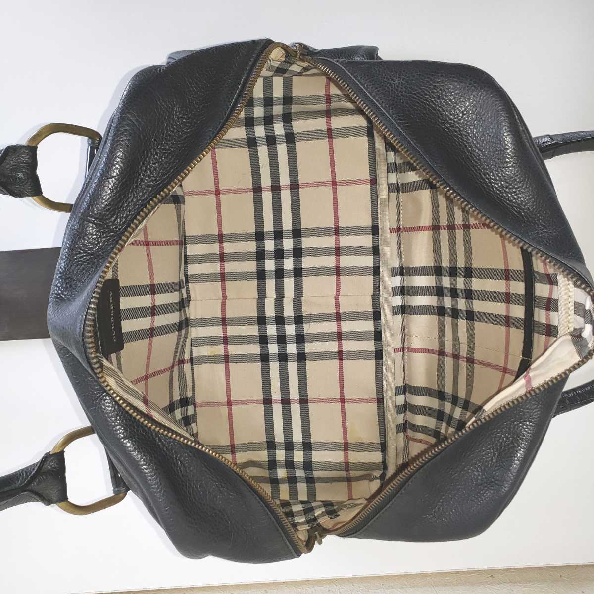 美品◆BURBERRY バーバリー 牛革レザー ハンドバッグ/ボストンバッグ/裏地ノバチェック(黒/ブラック/BLK)