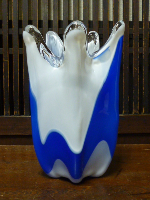  Showa Retro marble glass vase blue white flower base antique interior display furniture 