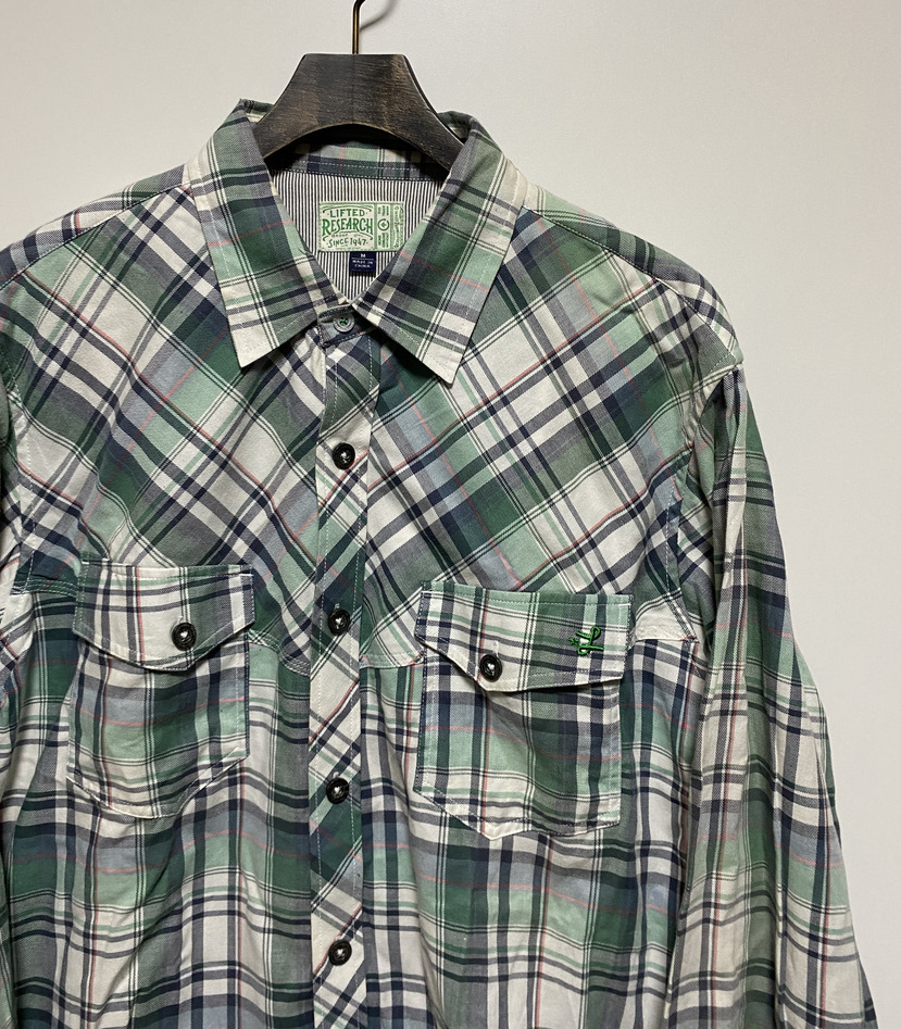  big Silhouette *LRG check long sleeve shirt M absolute size L-XL green white B series large size work shirt 