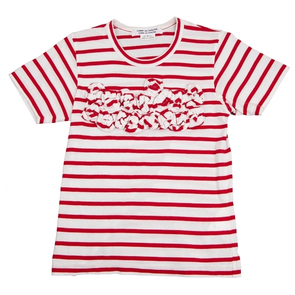 コムコム コムデギャルソンCOMME des GARCONS コサージュ装飾ボーダーTシャツ 白赤S 【レディース】
