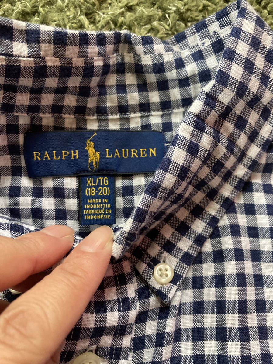  Ralph Lauren * beautiful goods silver chewing gum check shirt button down shirt long sleeve shirt white × navy boysXL woman . easy put on . can 