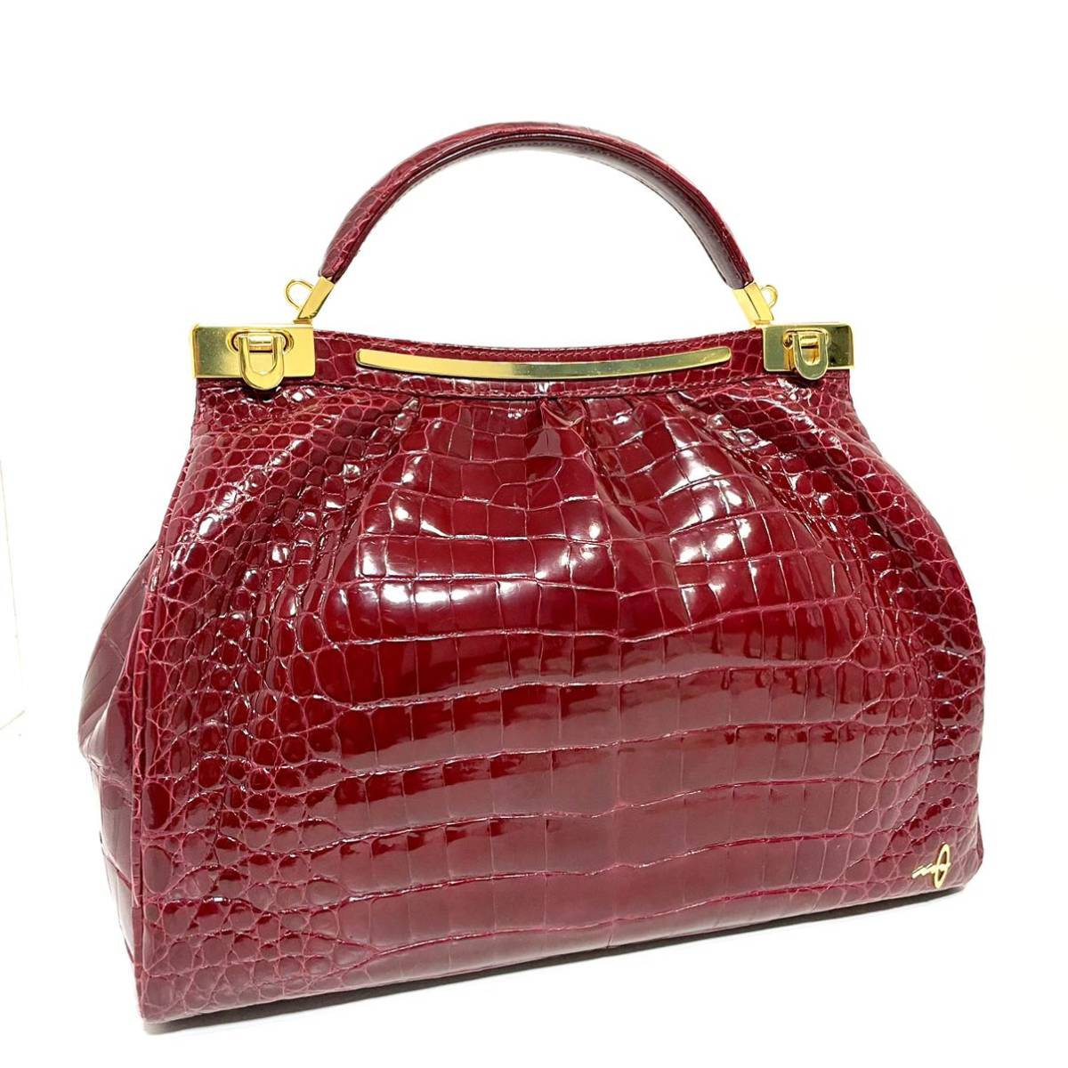 ★1円スタート★1スタ 1円 クロコダイル シャイニング センター取り ワンハンドル ハンドバッグ genuine crocodile レッド ゴールド金具