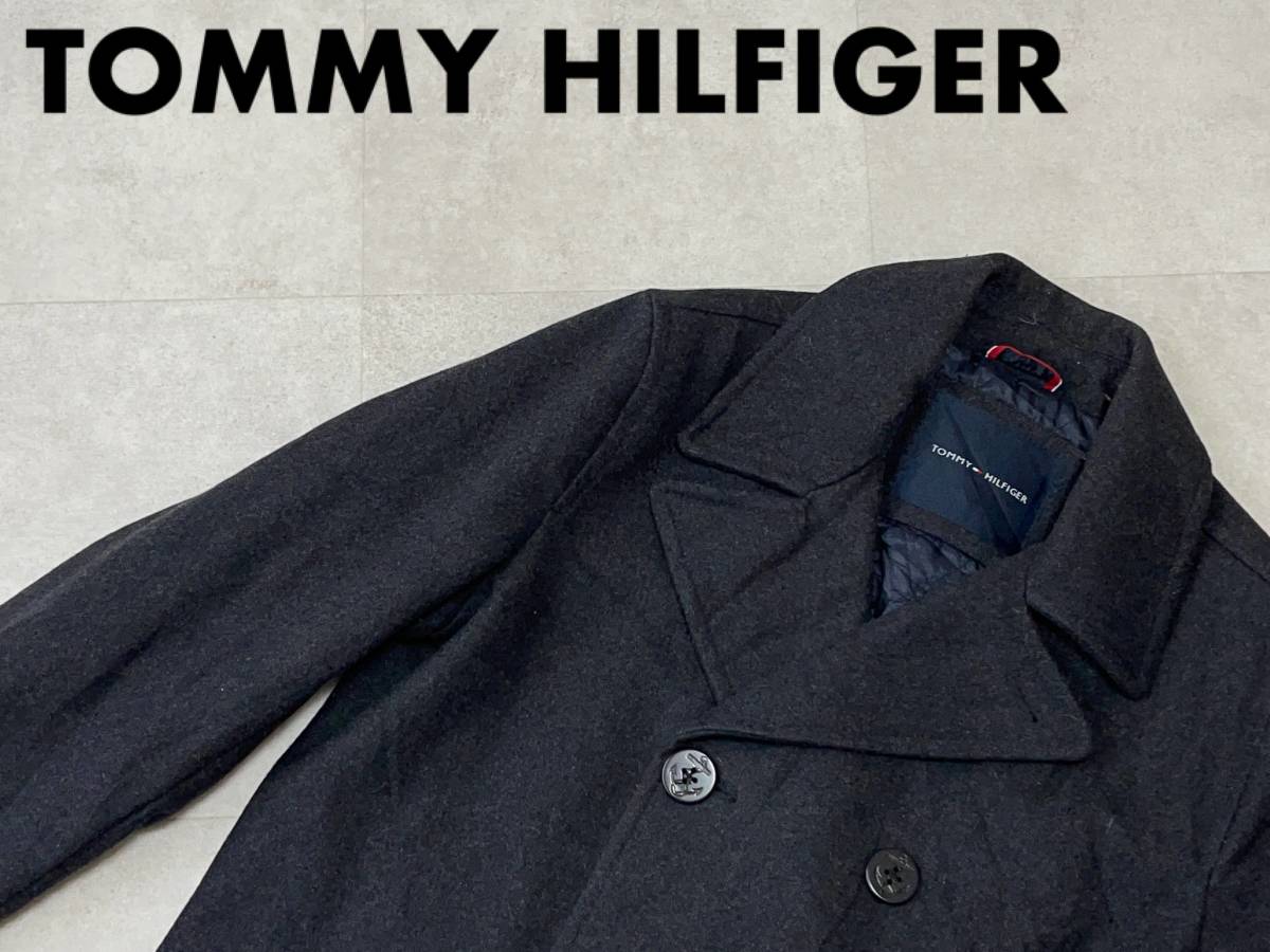 ☆送料無料☆ TOMMY HILFIGER トミーヒルフィガー USA直輸入 古着 メルトン ウール混 ピーコート メンズ S ダークグレー アウター 中古_画像1