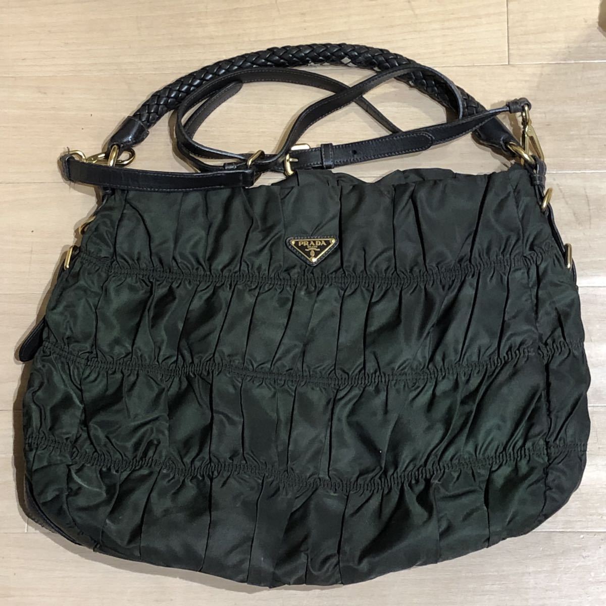 PRADA プラダ ナイロン レザー ギャザー 2way ワンショルダー バッグ