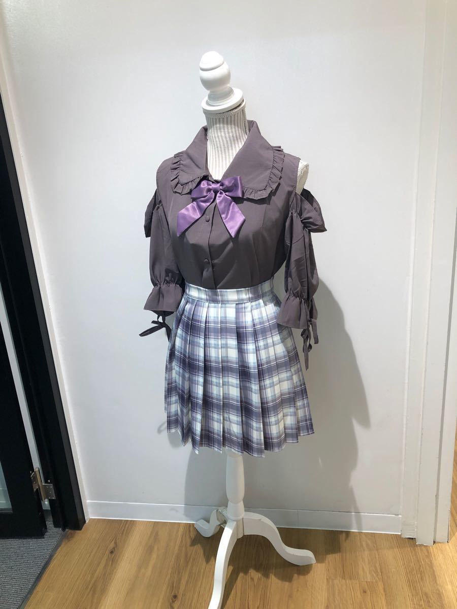  半袖 JK 制服 肩出し フリル セット ブラウス チェック スカート コスプレ 5L