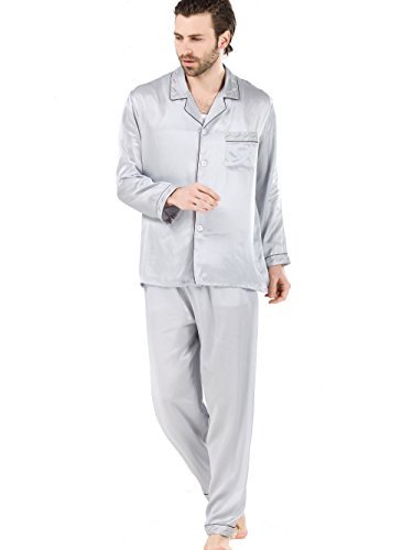 大切な人へのギフト探し シルクパジャマ メンズ XL 刺繍＆パイピング シルバー 男性用 シルク100％ ブランド 紳士用 パジャマ