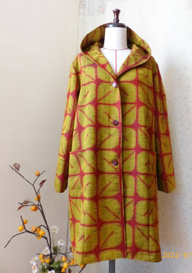  hood. sama . collar coat red + yellow .. collar both with pocket kimono remake hand made 