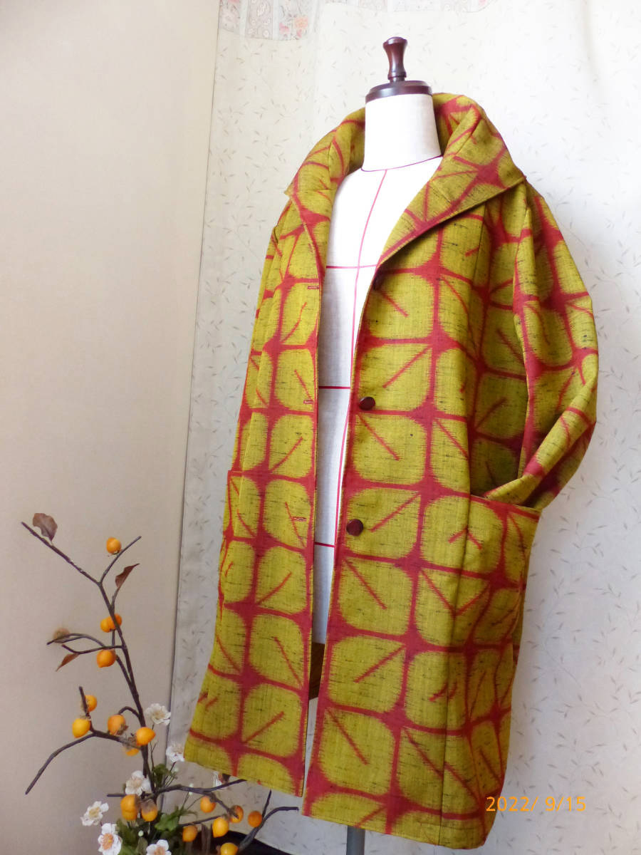  hood. sama . collar coat red + yellow .. collar both with pocket kimono remake hand made 