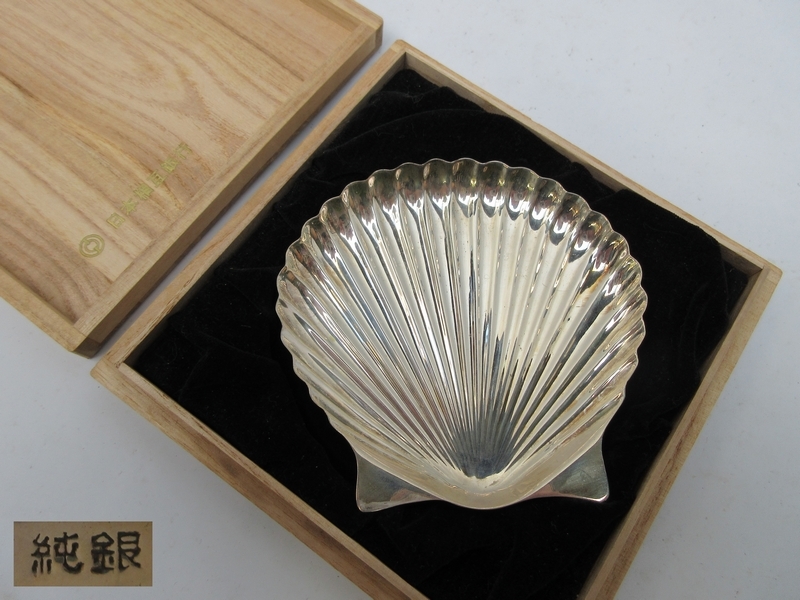 ■ 純銀 貝型小皿 44ｇ シェル型ミニトレイ ■時代品 日本相互銀行木箱入り №8409■