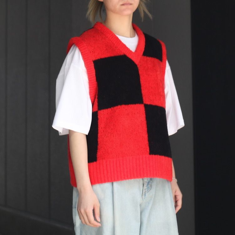 定価35200円 新品 LITTLEBIG 22SS Pattern Knit Vest ブロック Vネック ニット ベスト LB221-KT02 リトルビッグ M レッド_画像1