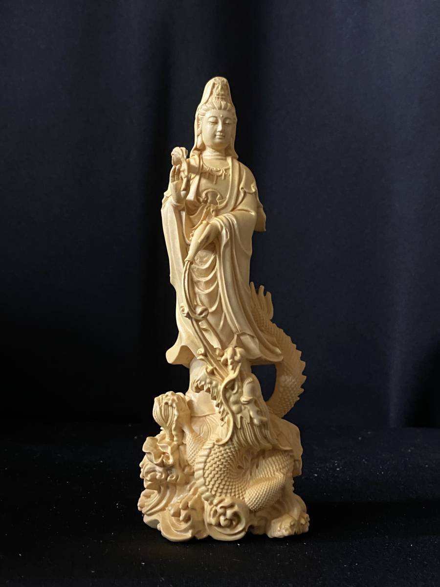 仏教工芸品 一刀彫り 極上彫 総柘植材 木彫仏像 龍上観音菩薩立像-