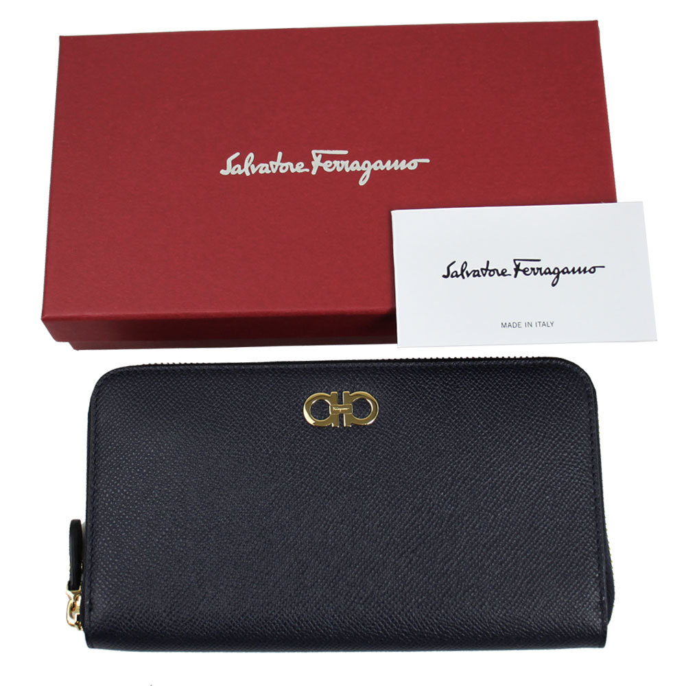 フェラガモ 財布 レディース FERRAGAMO ラウンドファスナー長財布 ダブルガンチーニ レザー ネイビー 22 O009 0722542_画像5