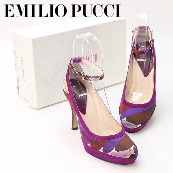 *EMILIO PUCCI Emilio Pucci атлас × замша pchi рисунок лодыжка ремешок овальный tu каблук туфли-лодочки 37