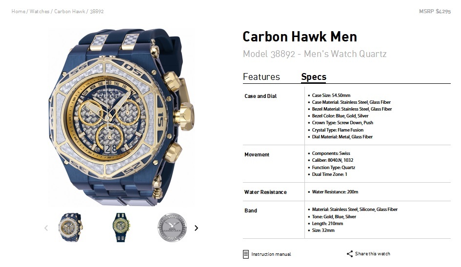 INVICTA インビクタ『Carbon Hawk 38892』★3つのムーブメント搭載★電池式★200ｍ防水★スイス製Mvt★_画像9