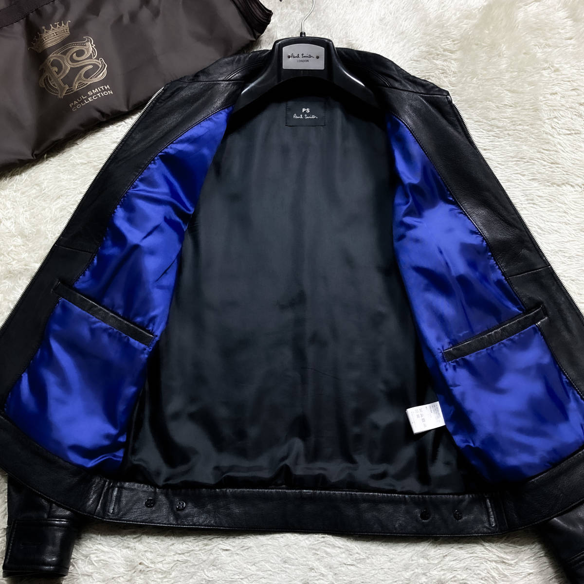 極美品 PS PaulSmith ゴートレザーライダースジャケット L~Mシングル黒ブラック 裏サテンブルー×パープル青紫 山羊革ピーエスポールスミス