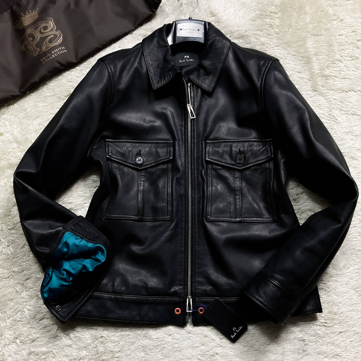 極美品 PS PaulSmith ゴートレザーライダースジャケット L~Mシングル黒ブラック 裏サテンブルー×パープル青紫 山羊革ピーエスポールスミス