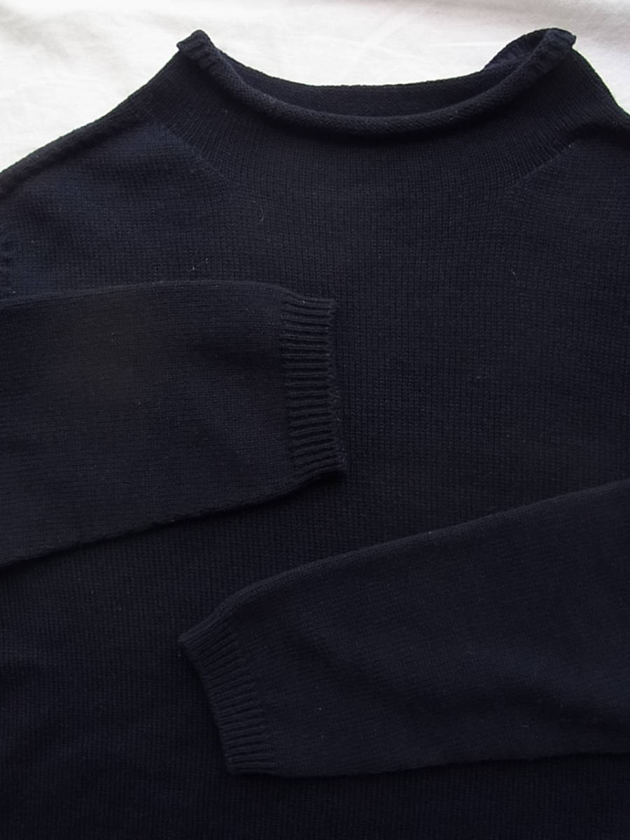M H L, マーガレットハウエル　ウール100% ロールネックセーター　サイズ L　ネイビー　日本製