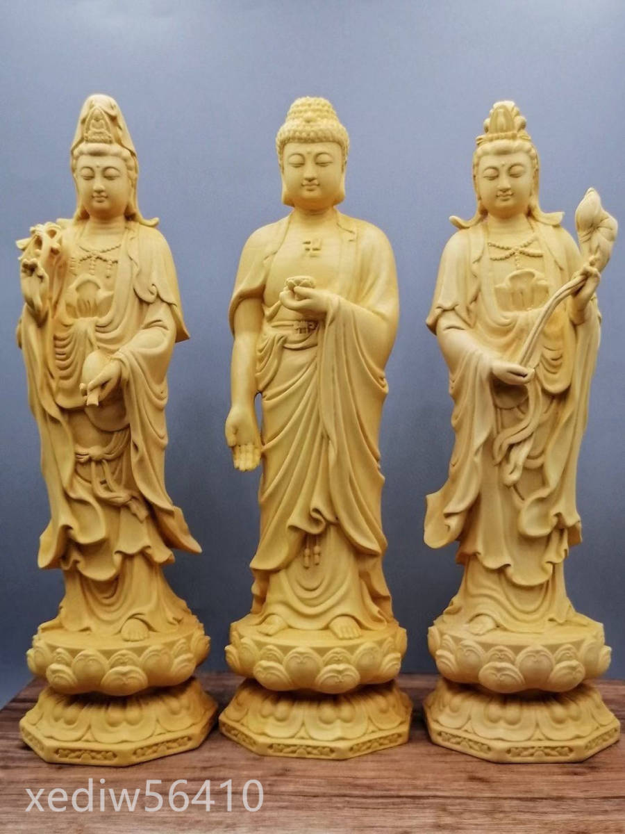 木彫仏像 仏教美術 祈る 厄除け 黄楊木彫西方三聖 工芸品 25cm