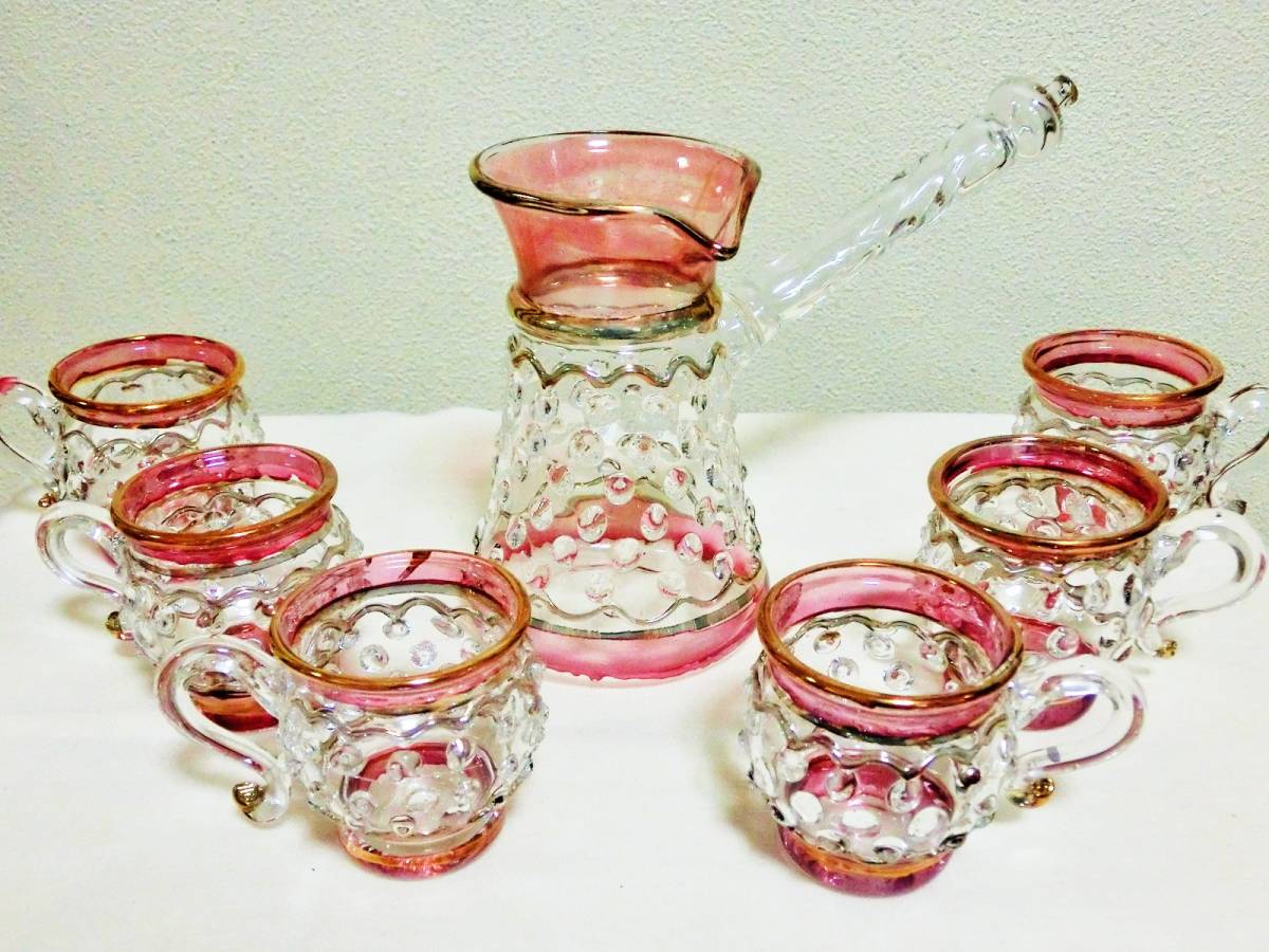 希少!☆新品☆【エジプト】ガラス 豪華な細工 デキャンタ&グラス6個 セット チャイ コーヒー ワイン パーティ