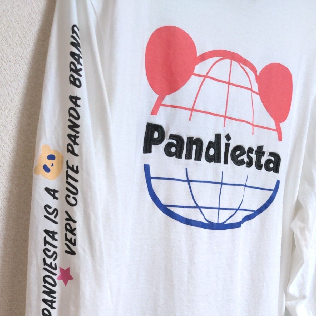 パンディエスタTシャツ　ロンT　ワールドマップパンダロングTシャツ  長袖Tシャツ　Ｌ　ホワイト　メンズ　サガラ刺繍