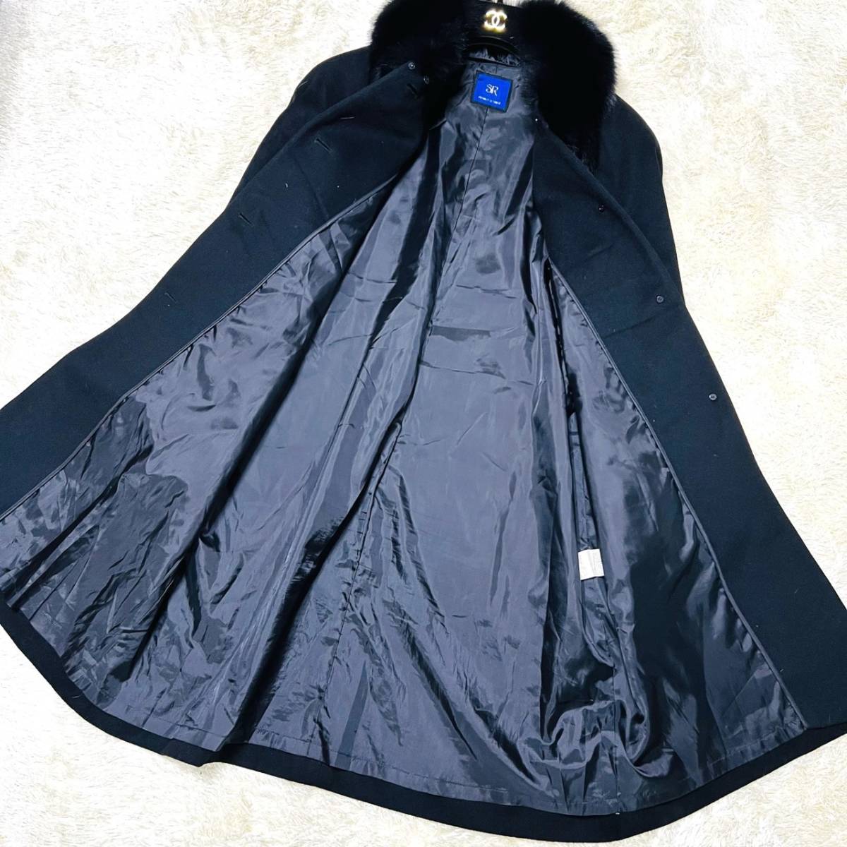 * кашемир 100%& мех лисы * SR product sanso длинное пальто L размер чёрный черный кашемир лиса женский пальто внешний 