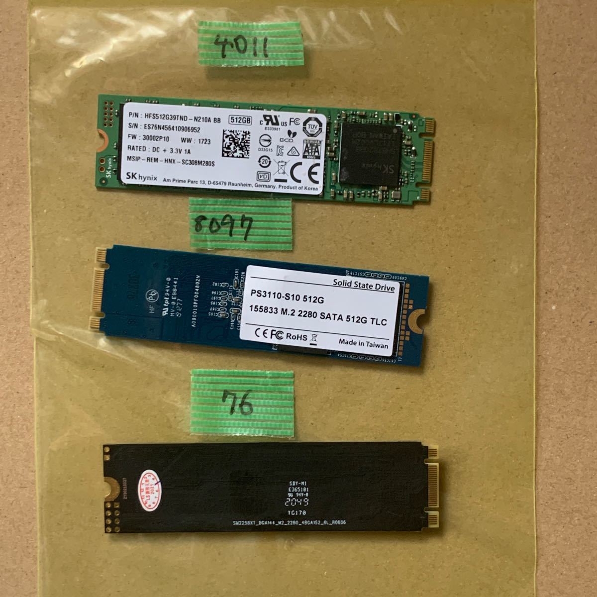 M.2 SATA SSD 512GB 計3枚 SK Hynix Phison メーカー不明(LS 512GB M300)