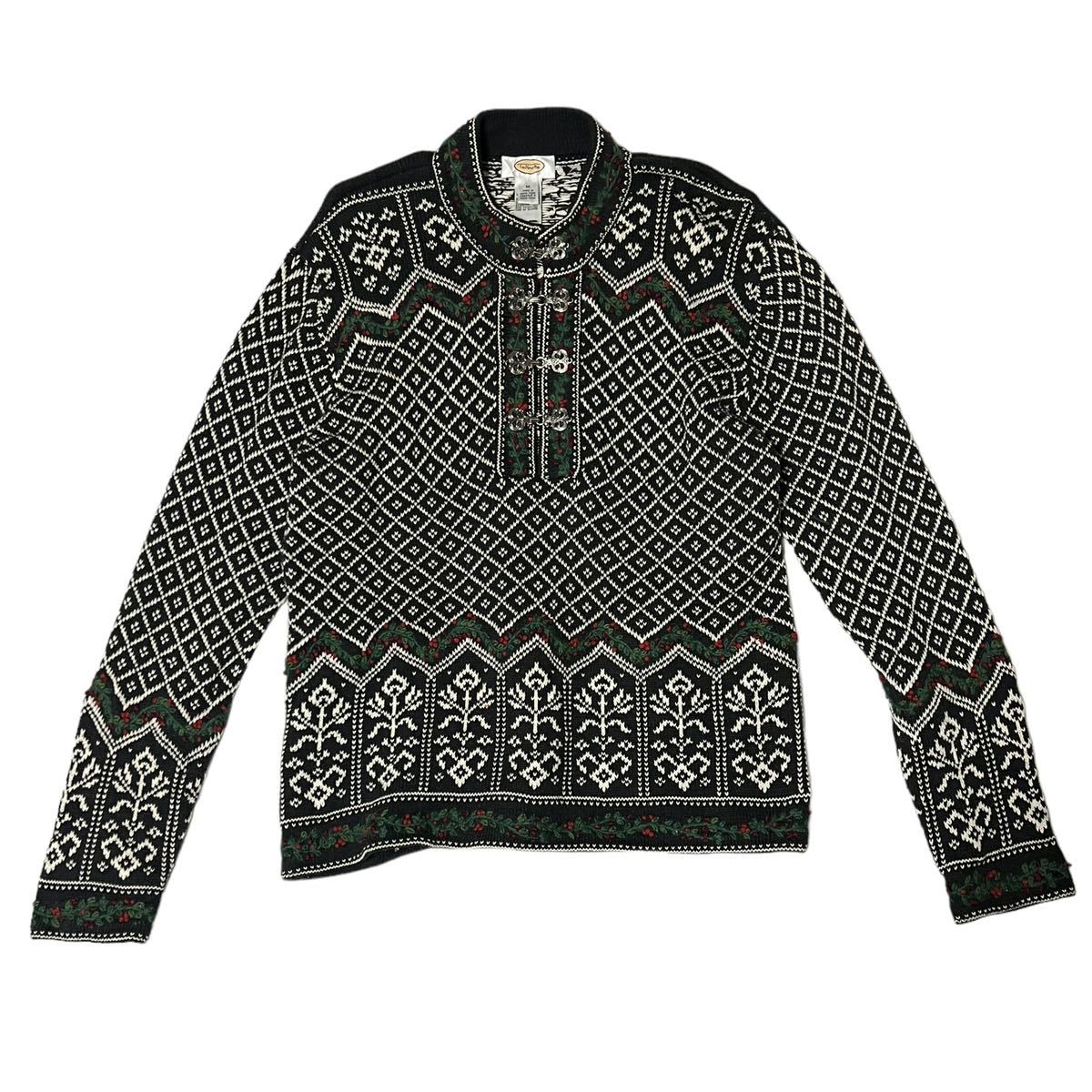 【1990s】Talbots ビンテージ　ニットセーター　メタルフック　古着　タルボッツ　民族　総柄　デザイン　プルオーバー